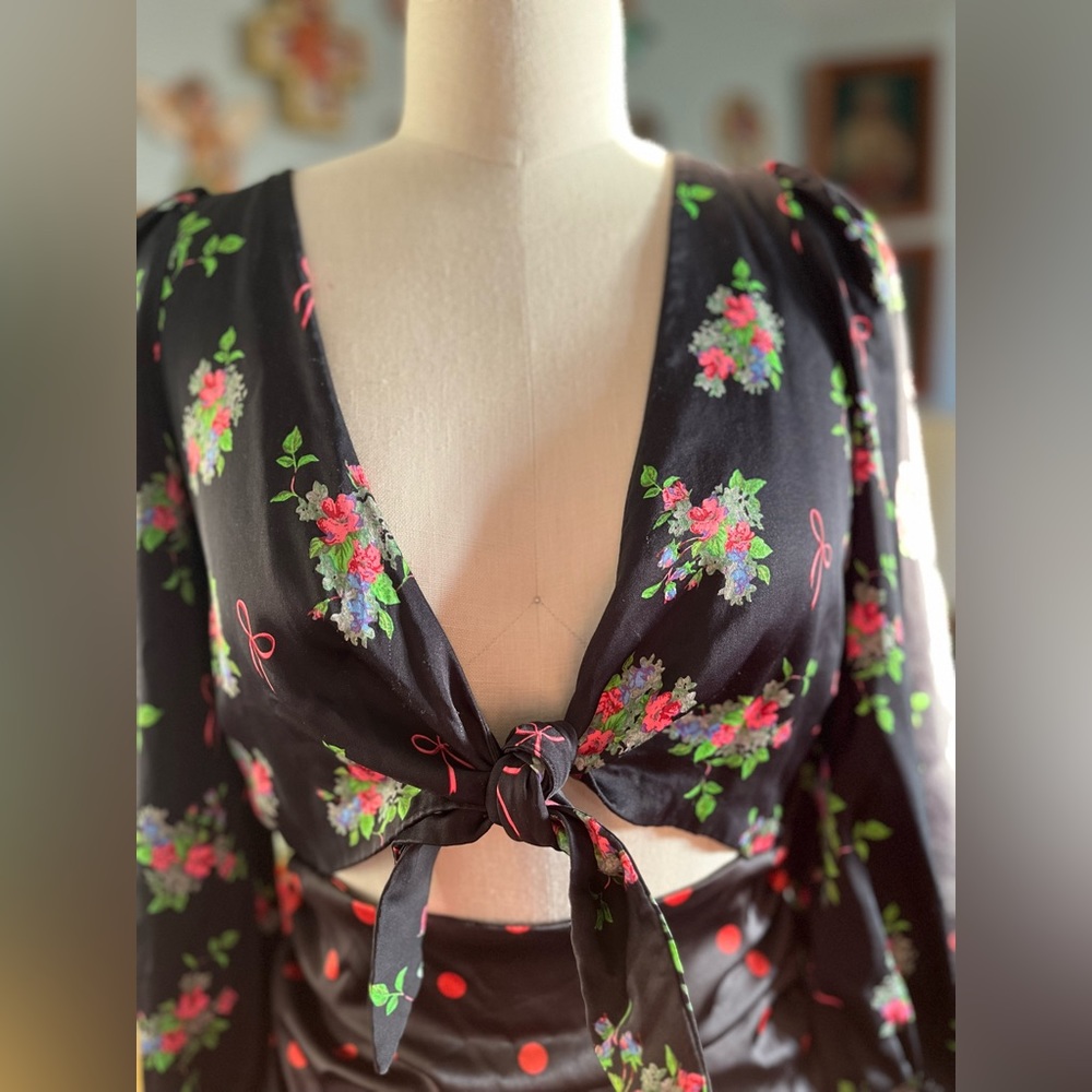 For Love And Lemons Black Floral Tie-Front Mini Dress with Pink Polka Dots - Picture 2 of 4
